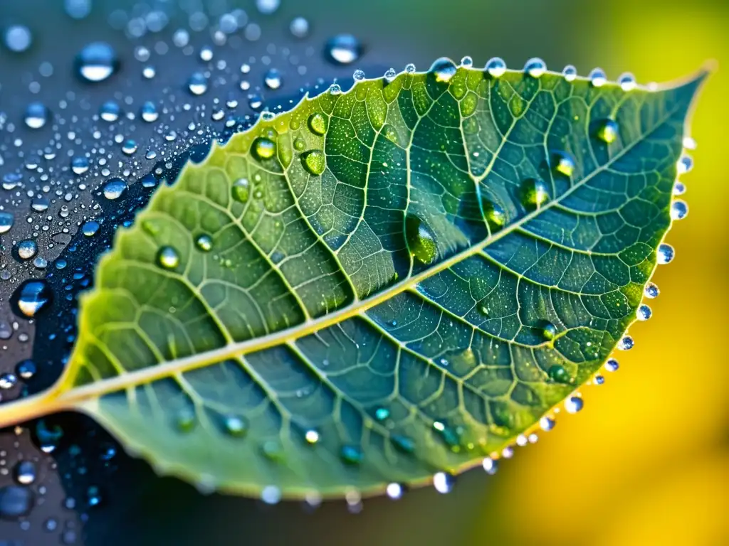 Una hoja cubierta de gotas de agua, con patrones de venas y células, muestra la adaptación fotosintética en plantas al cambio climático