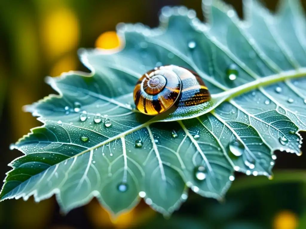 Una hoja cubierta de gotas de rocío con un pequeño caracol, creando un mosaico de luz