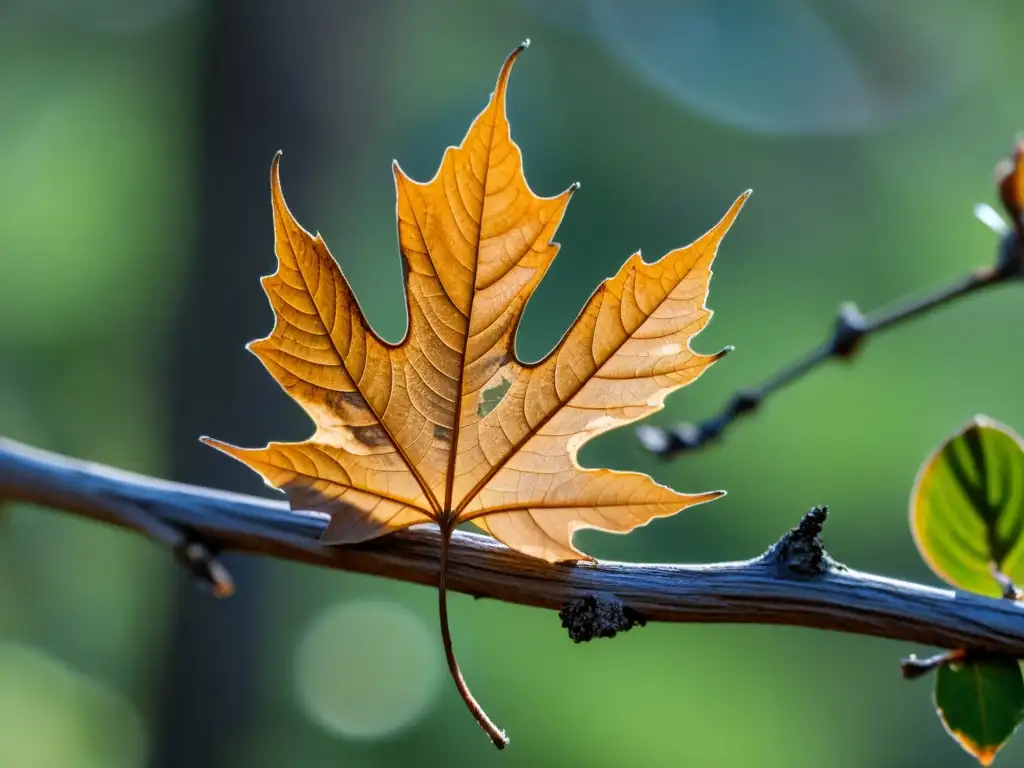 Una hoja marchita se aferra a una rama seca, mostrando los efectos del clima en el ciclo de vida de las plantas