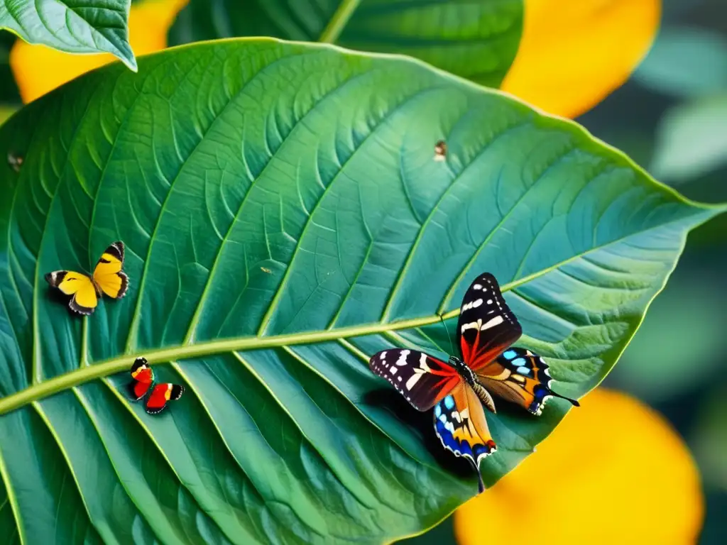 Una hoja tropical exuberante llena de insectos herbívoros tropicales, mostrando una diversidad de colores y patrones vibrantes