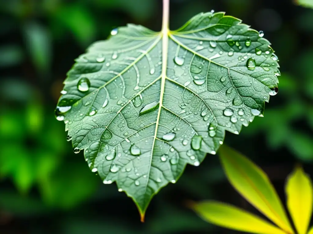 Una hoja verde vibrante cubierta de delicadas gotas de agua, con venas y texturas visibles