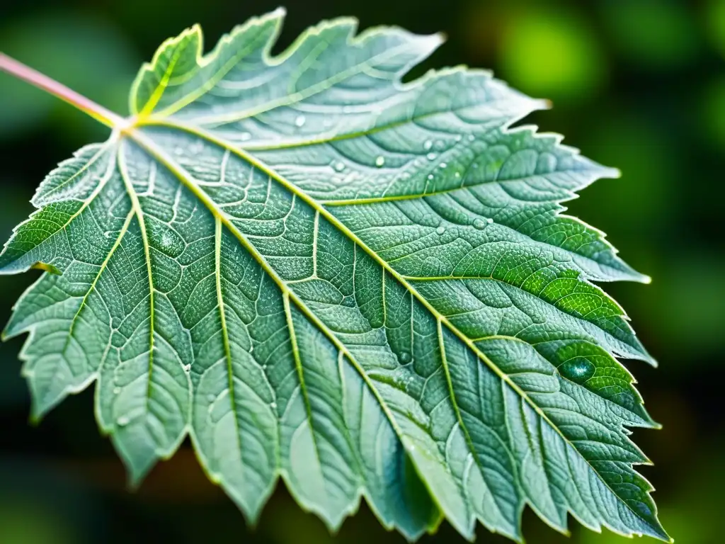 Una hoja verde vibrante con gotas de rocío en la luz matutina, mostrando la adaptación fotosintética en plantas al cambio climático