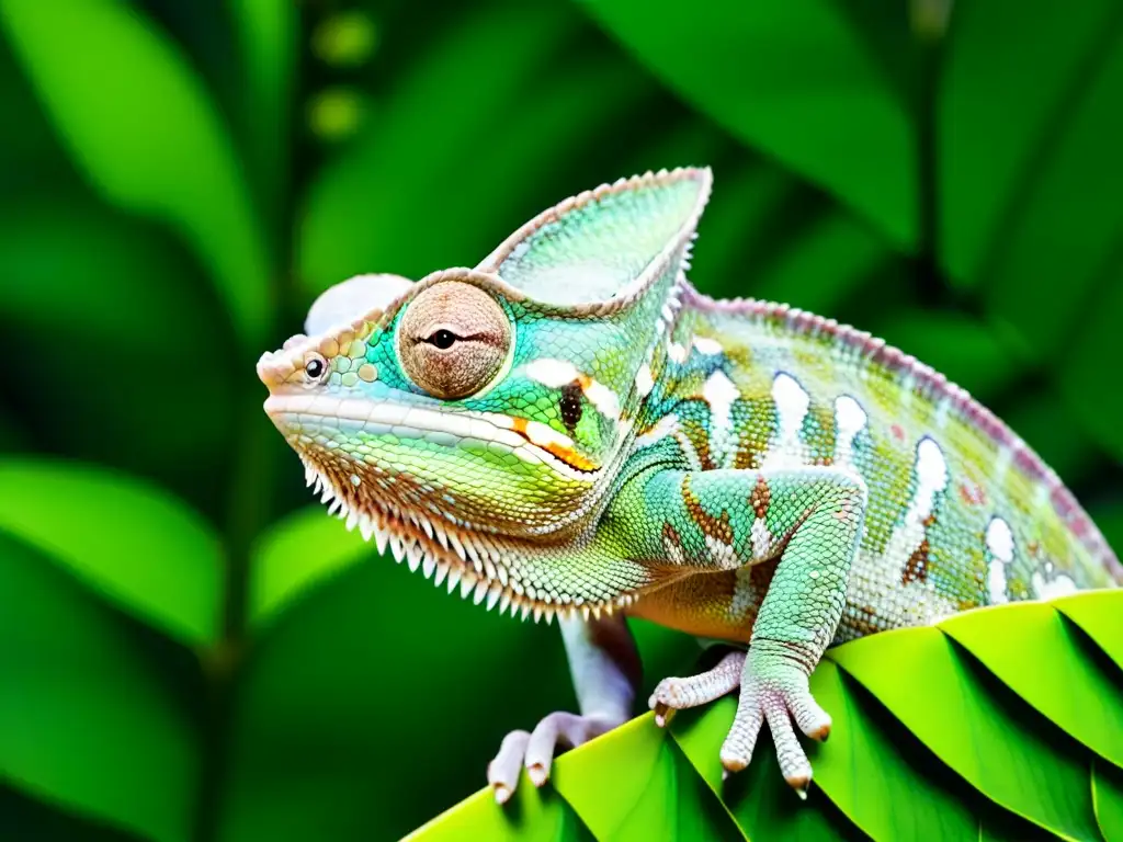 Un camaleón se mimetiza con las hojas verdes de la selva tropical