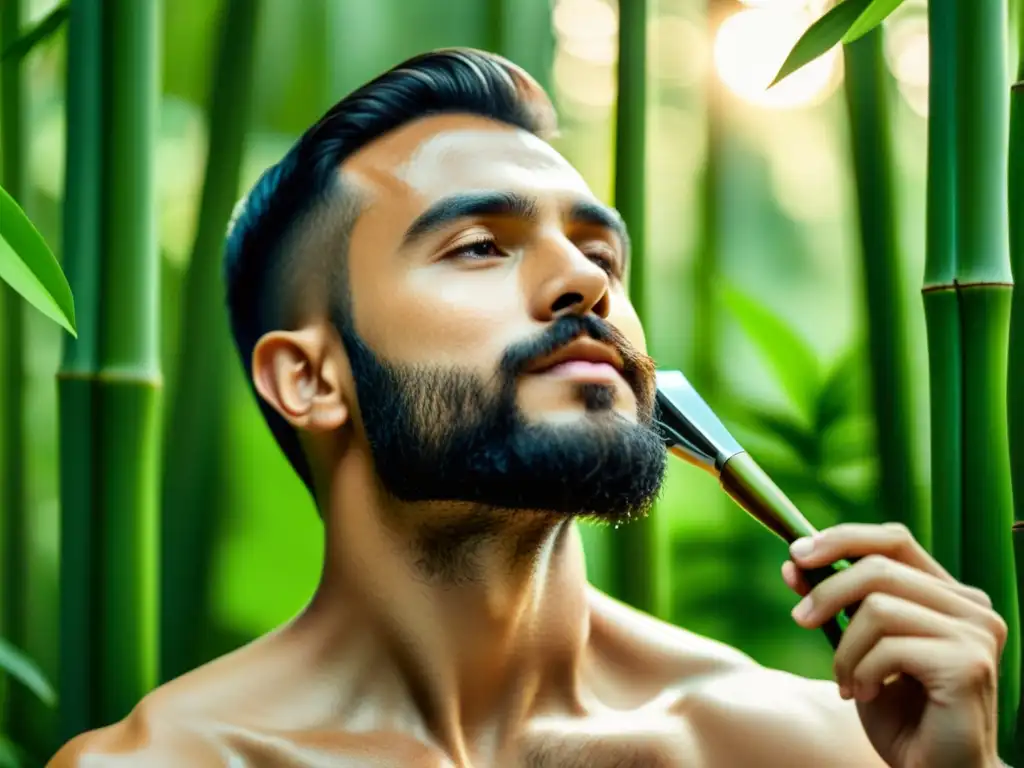 Un hombre se afeita la barba con una navaja de bambú en un bosque, en un acto de cuidado personal masculino con conciencia verde