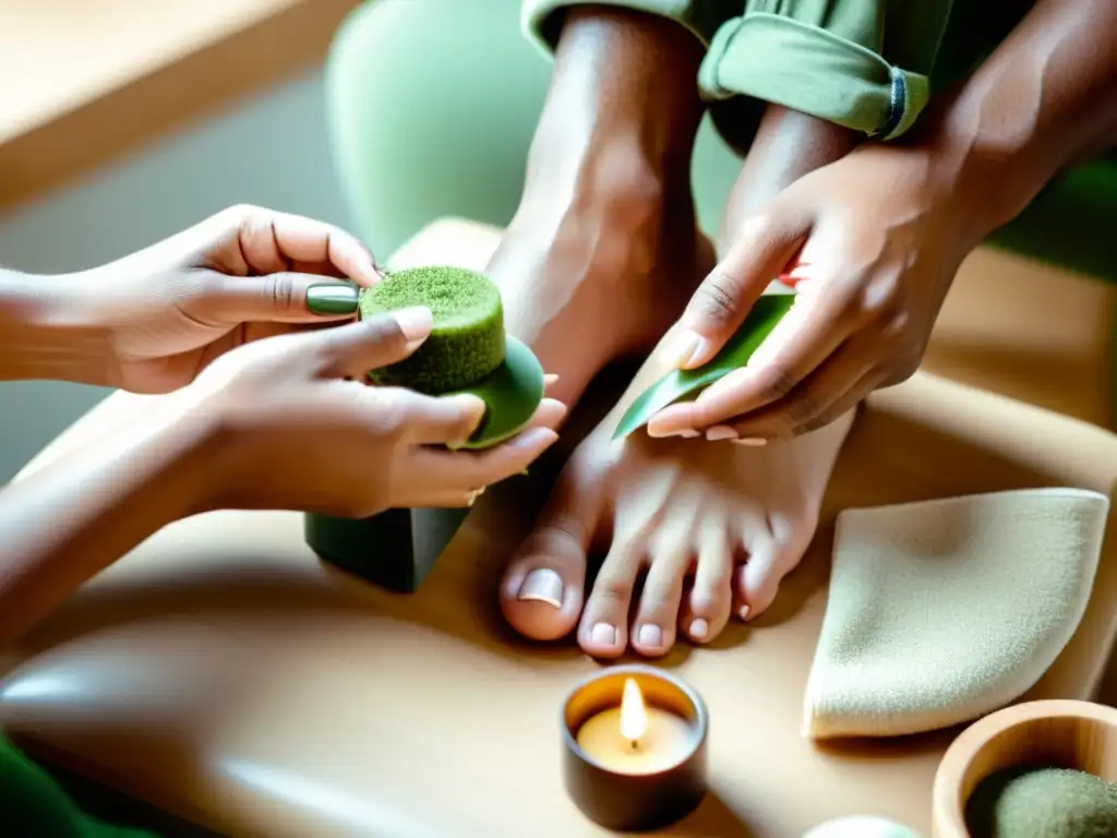 Un hombre recibe un cuidado personal masculino con conciencia verde, con una manicura y pedicura ecológica