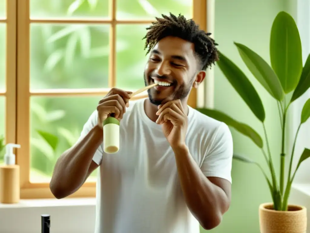 Un hombre feliz aplica pasta de dientes natural con un cepillo de dientes de bambú en un baño ecológico