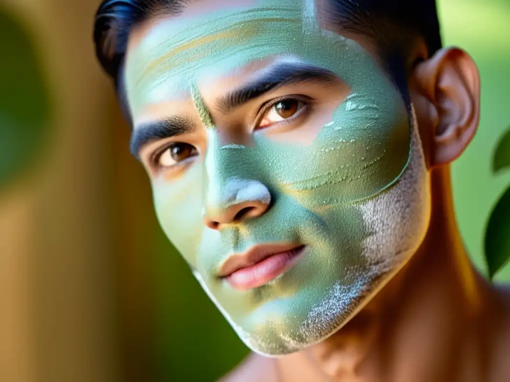 Un hombre aplica una mascarilla facial verde, destacando la textura y los ingredientes naturales