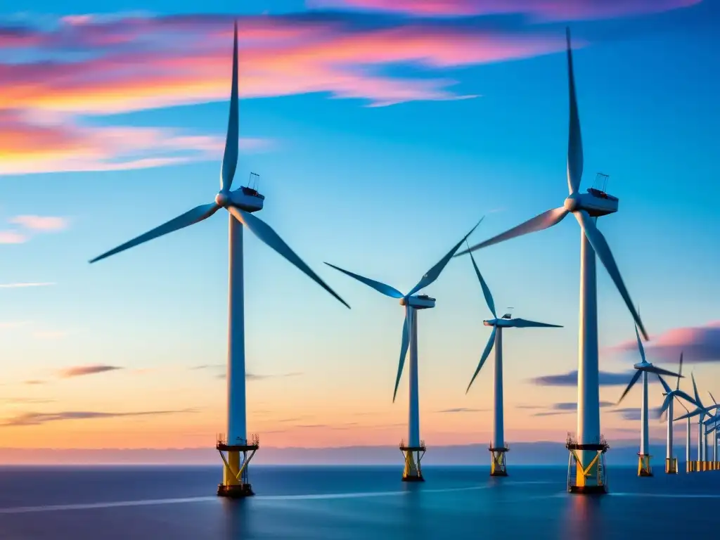 Horizonte de energía renovable offshore: molinos de viento en el mar capturando la fuerza del viento al atardecer