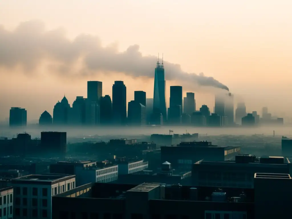 Horizonte urbano envuelto en smog, mostrando la urgencia de políticas de reducción de contaminación atmosférica