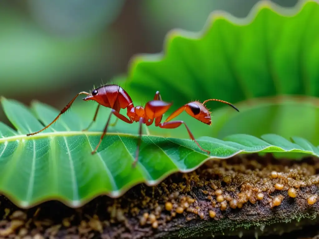 Una hormiga cortadora de hojas lleva una hoja verde vibrante a través de la densa selva