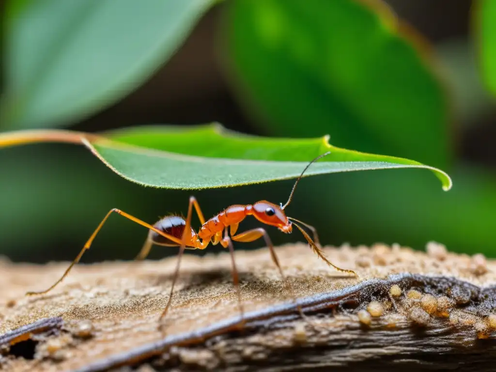 Una hormiga cortadora de hojas transporta una hoja verde en un bosque tropical, mostrando relaciones simbióticas entre especies animales