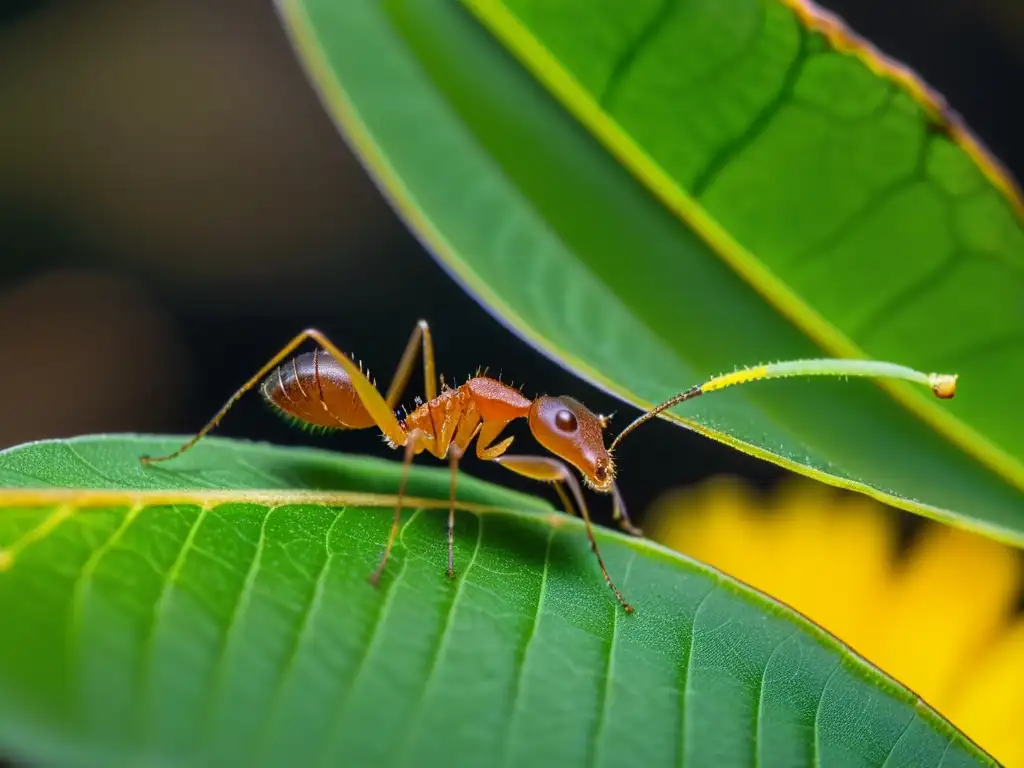 Una hormiga cortadora de hojas lleva un hongo colorido por la selva, mostrando relaciones interespecíficas parásitos y simbiontes selva