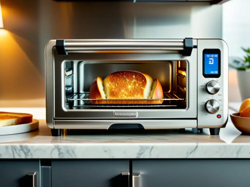 Un horno tostador de acero inoxidable en una elegante encimera de granito, iluminado por luz natural