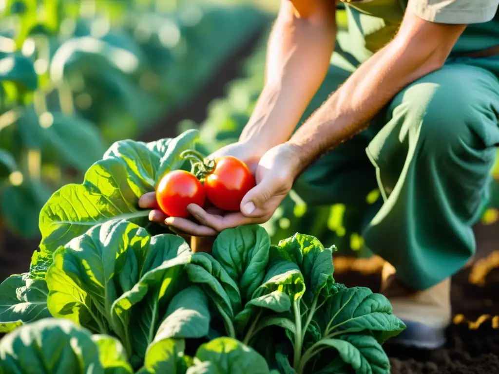 Un huerto orgánico vibrante y exuberante con vegetales verdes, un granjero cosechando tomates