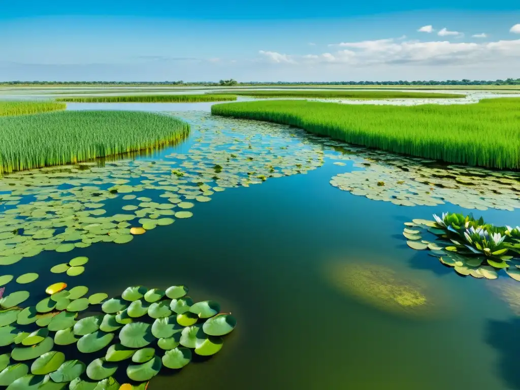 Un humedal exuberante y sereno con aves, reed y lirios de agua