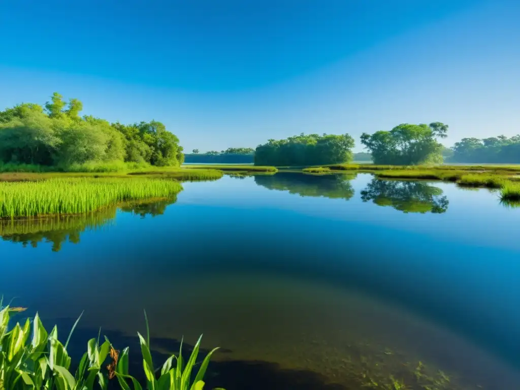 Un humedal prístino, reflejando el cielo azul, con diversa flora y fauna acuática, muestra la función de los humedales en purificación