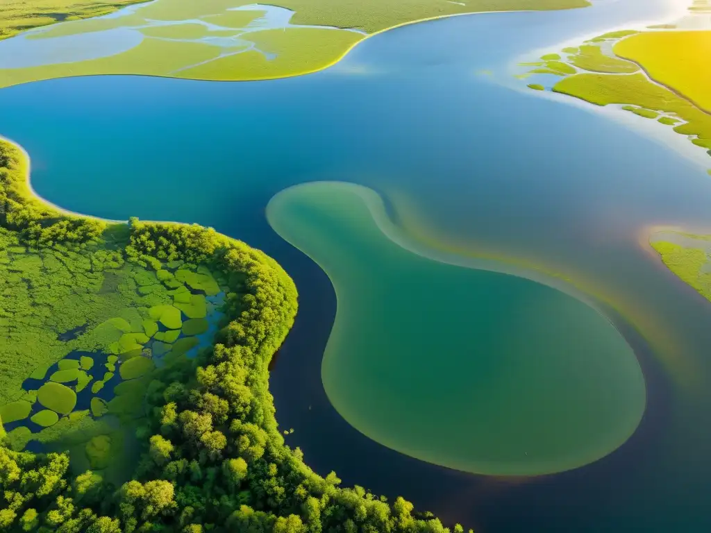 Humedales en la lucha climática: Majestuoso paisaje de humedal con exuberante vegetación, serenos cuerpos de agua y aves diversas