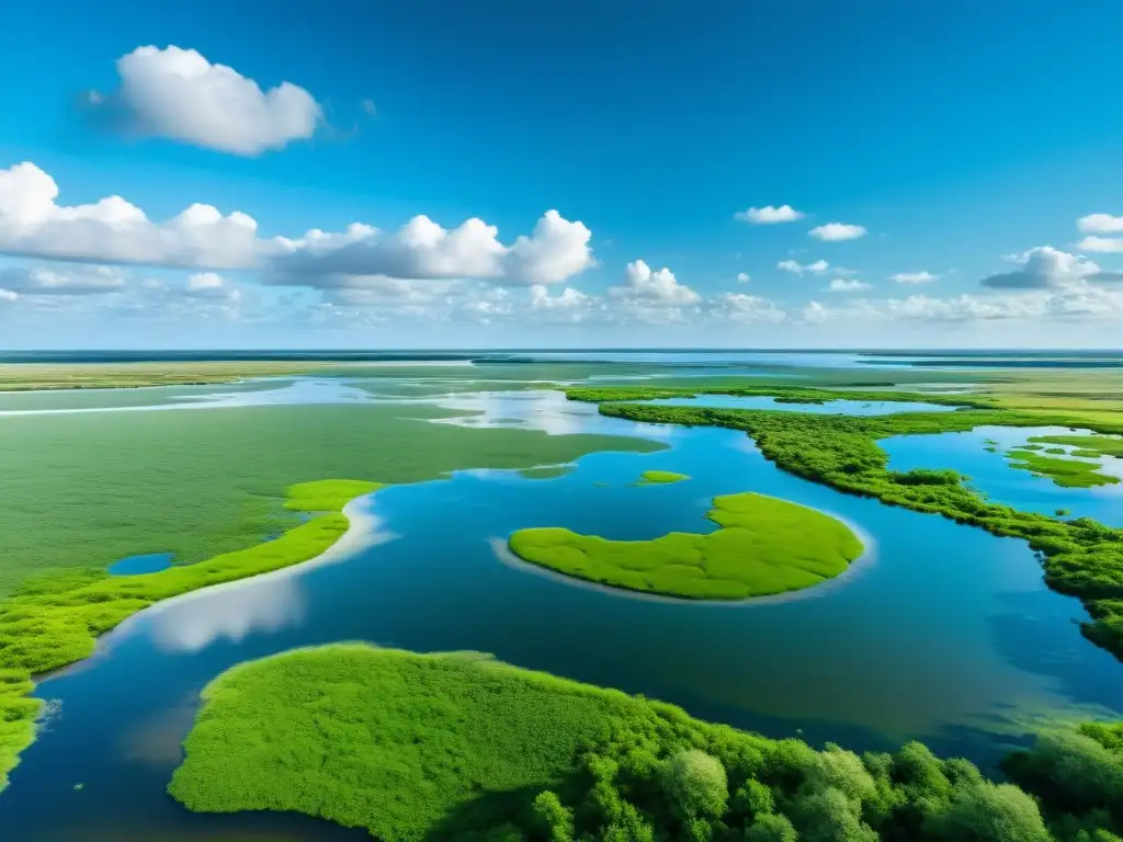 Humedales en la lucha climática: un vasto humedal con exuberante vegetación, agua serena y cielos azules