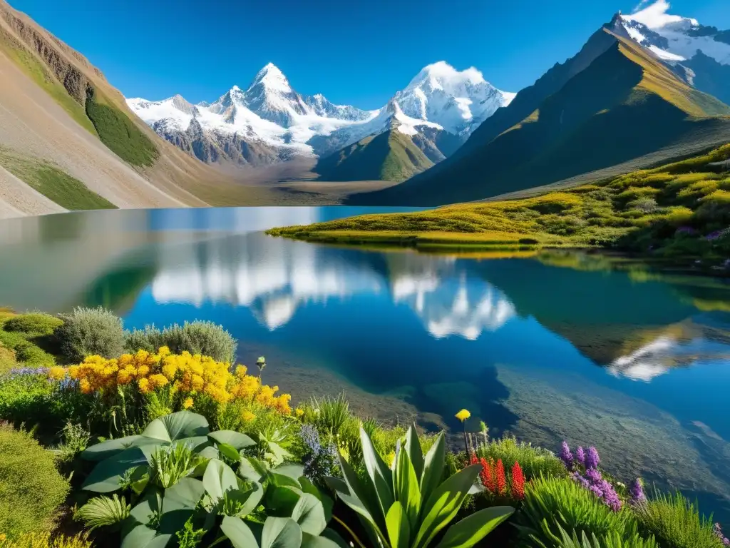 Biodiversidad en humedales de montaña: Lago de alta montaña, picos nevados de los Andes y exuberante flora y fauna reflejados en agua cristalina