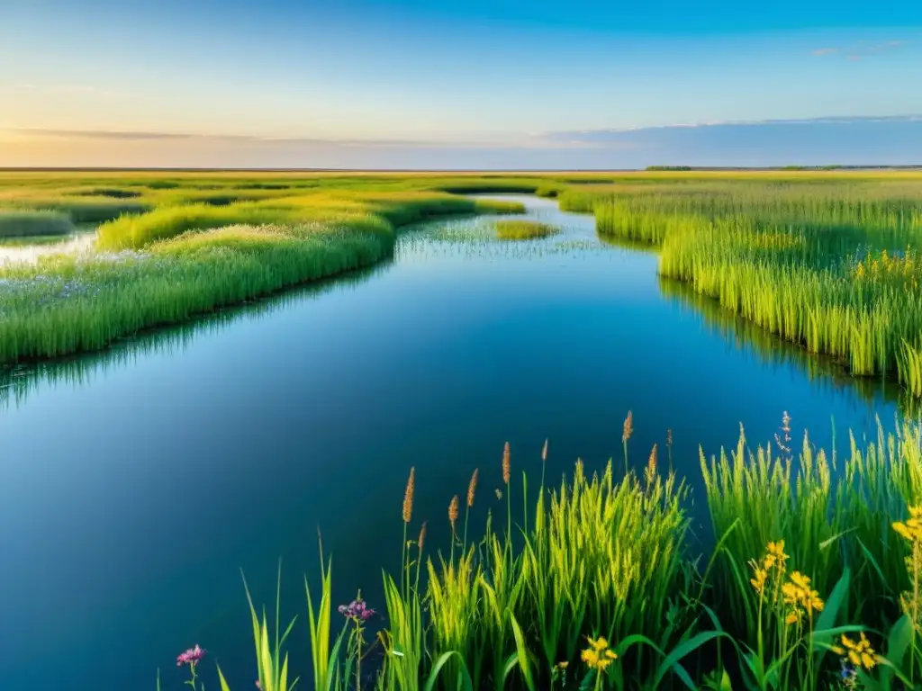 Biodiversidad en humedales de pradera: escena vibrante con vida silvestre, agua tranquila y flores coloridas