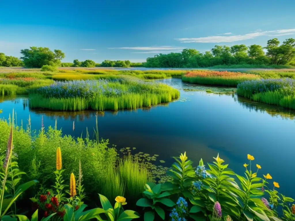 Biodiversidad en humedales de pradera: un paisaje exuberante con vida silvestre vibrante y agua cristalina reflejando el cielo azul