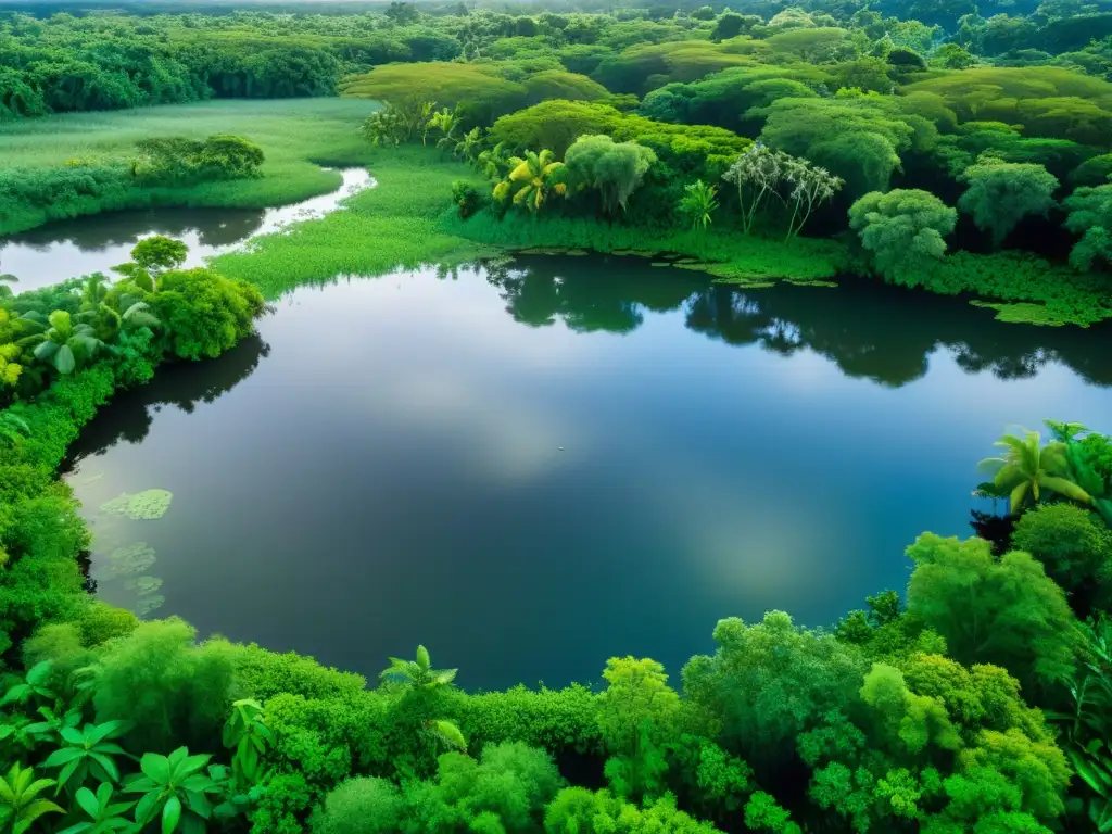 Humedales tropicales: ecosistema acuático en la selva, con diversa flora y fauna en un entorno sereno y vibrante