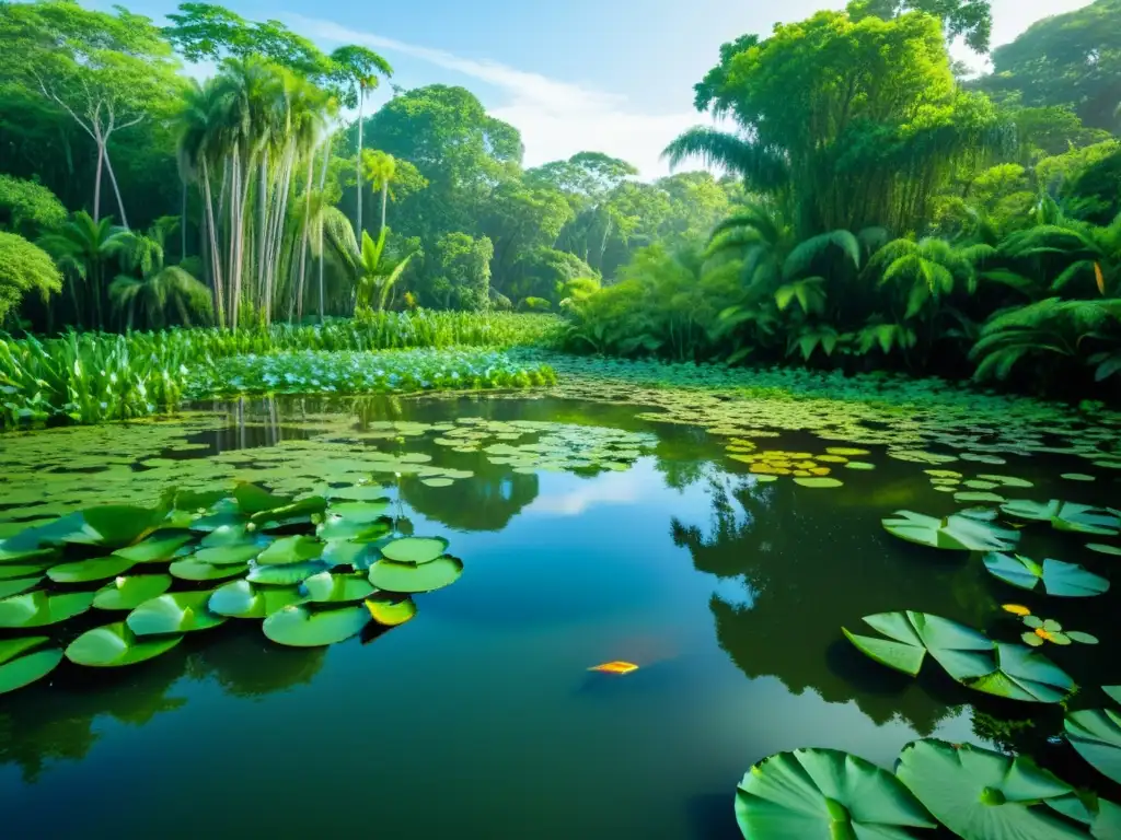 Humedales tropicales: exuberante vida acuática bajo el dosel de la selva, con lirios, helechos y peces coloridos