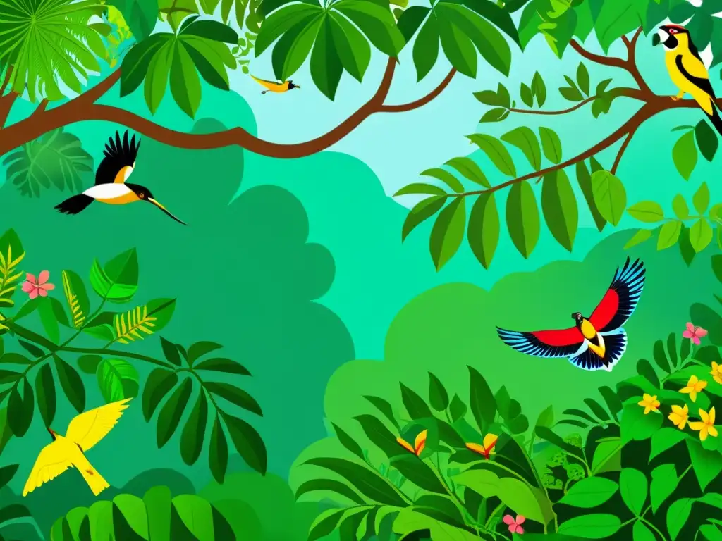 Una ilustración detallada de un exuberante bosque tropical, repleto de flora y fauna mundial