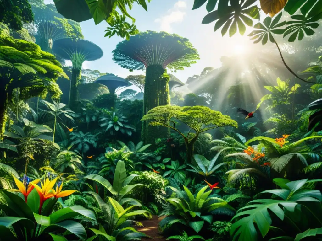 Ilustraciones detalladas flora fauna mundial: exuberante selva tropical con vida salvaje y vegetación vibrante en impresionante detalle 8k