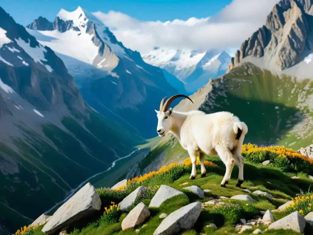 Imagen de adaptaciones únicas de flora y fauna en las cumbres montañosas, con majestuosos picos nevados y vida silvestre en armonía