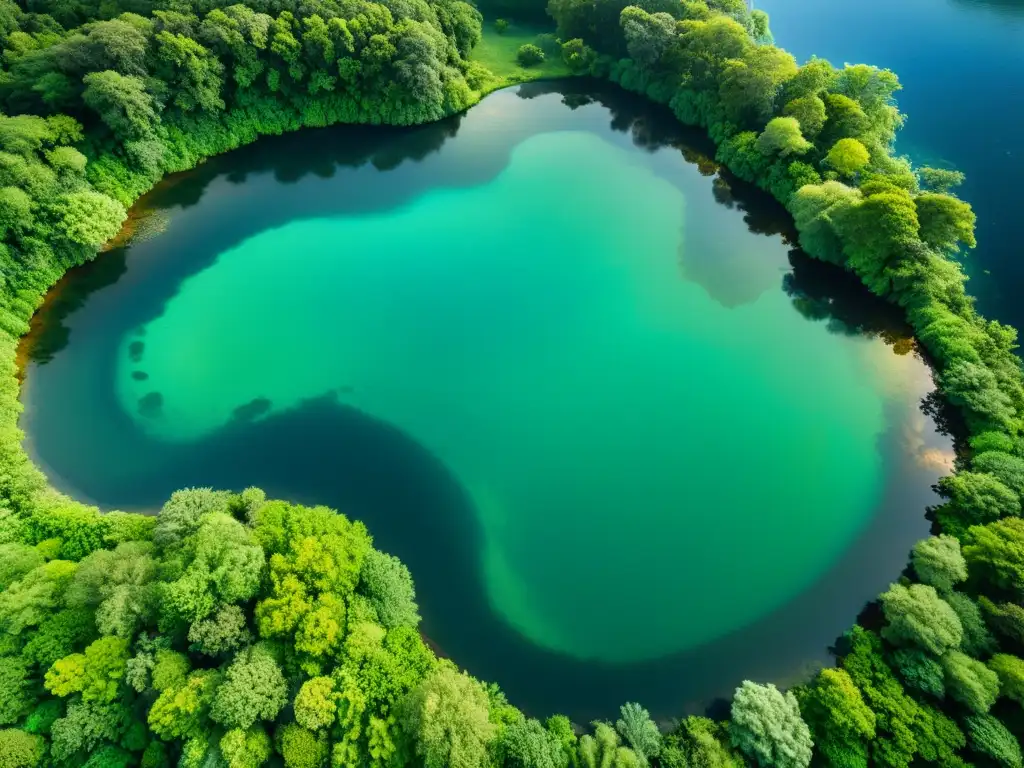 Imagen aérea detallada de un ecosistema de agua dulce, con río serpenteante, exuberante vegetación y vida silvestre vibrante