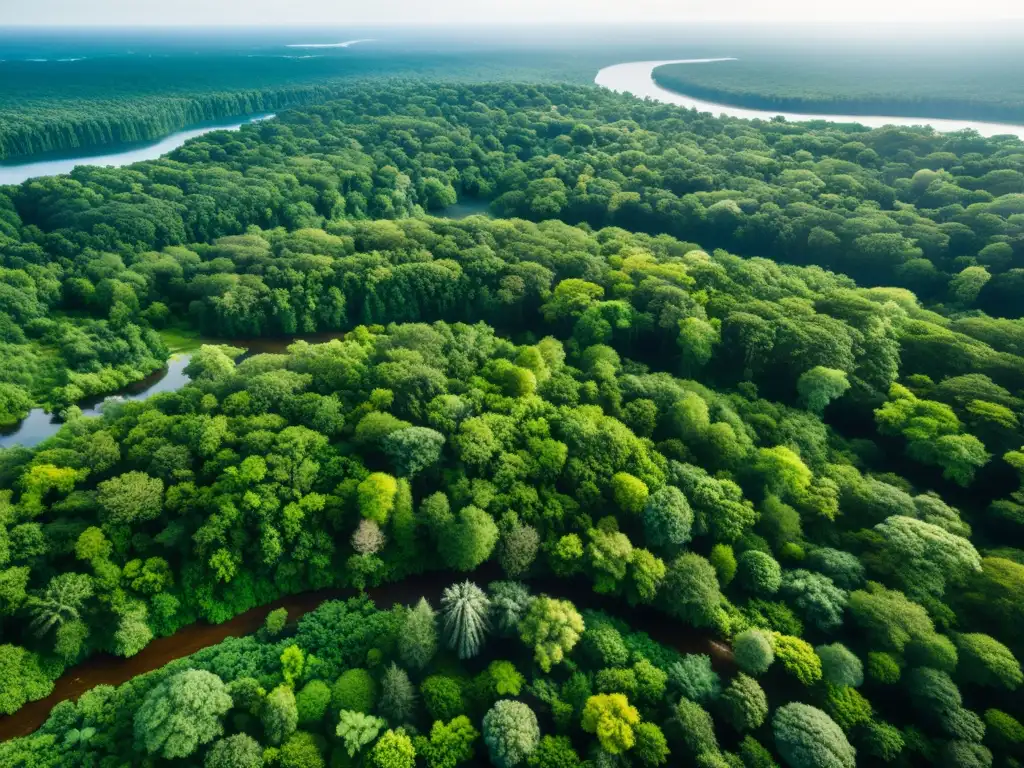 Imagen aérea detallada de un exuberante bosque, resaltando la importancia económica de los servicios ecosistémicos forestales