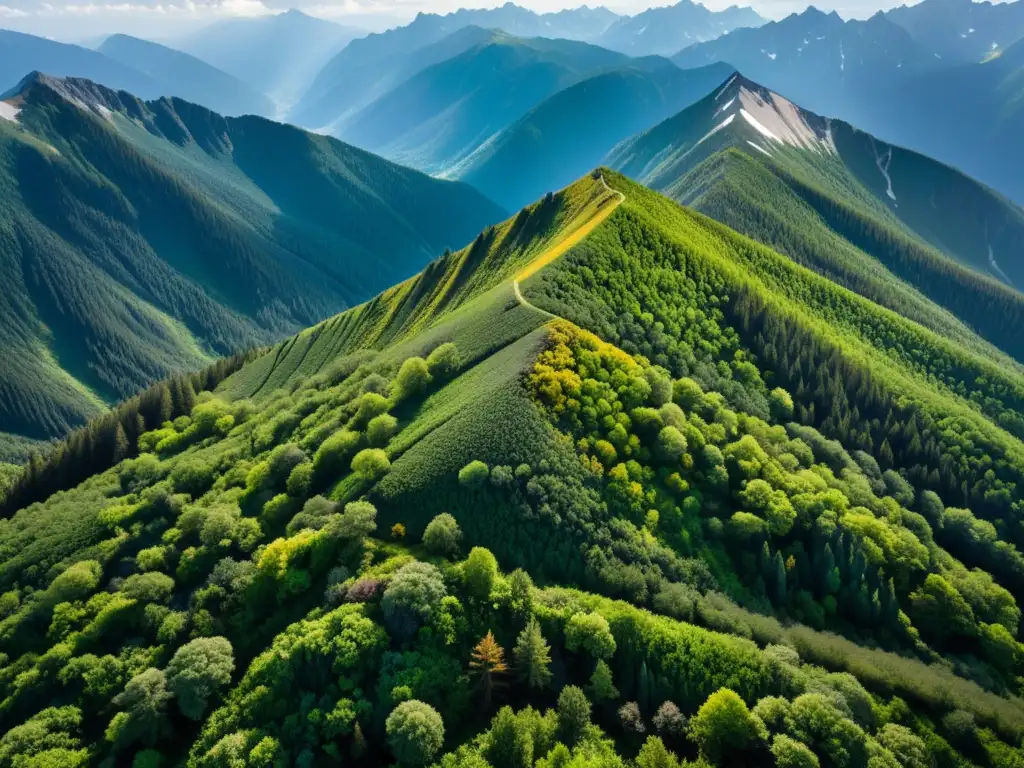 Imagen aérea de la diversa flora en pisos vegetacionales altitud, desde exuberantes bosques hasta flora alpina dispersa en la cima de la montaña