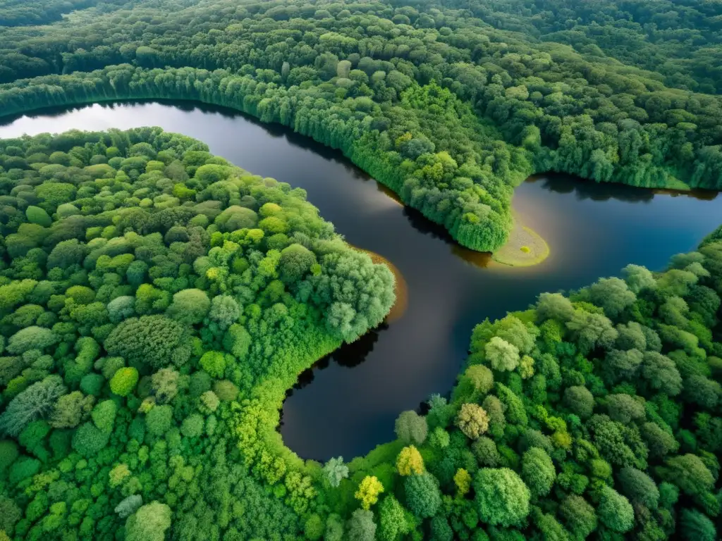 Imagen aérea de un ecosistema diverso, con plantas y animales en su hábitat natural, destacando la interconexión