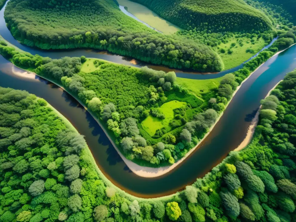 Imagen aérea de ecosistema diverso y próspero, con vegetación exuberante, ríos serpenteantes y hábitats de vida silvestre