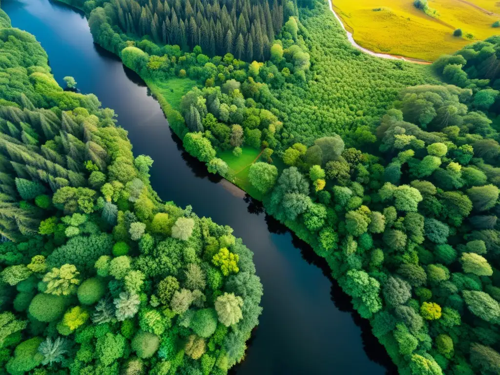 Imagen aérea de un ecosistema diverso y exuberante con un bosque denso, un río serpenteante y vida silvestre variada