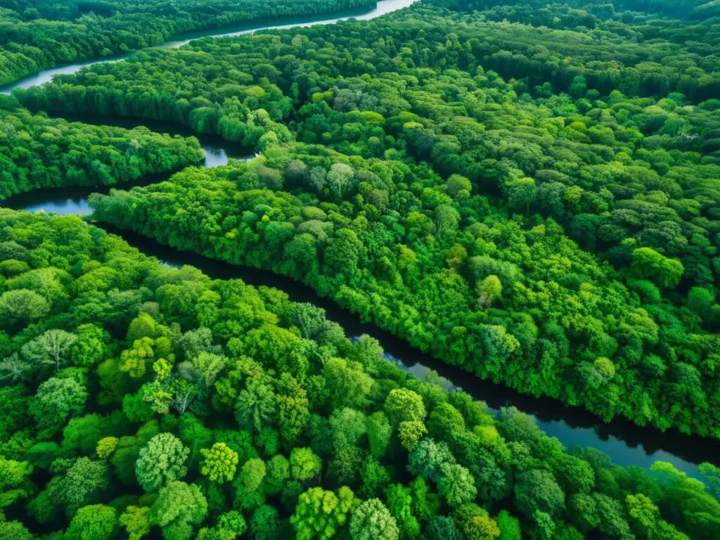Imagen aérea de exuberante bosque con diversa vegetación y redes de agua, destacando avances en protección de ecosistemas