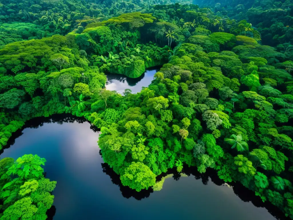 Imagen aérea de un exuberante bosque tropical con vida silvestre y un río cristalino