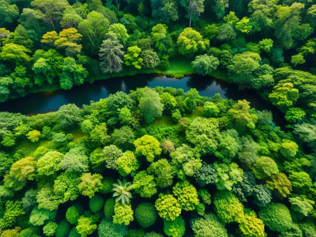 Imagen aérea de un exuberante bosque verde con diversidad de árboles y plantas