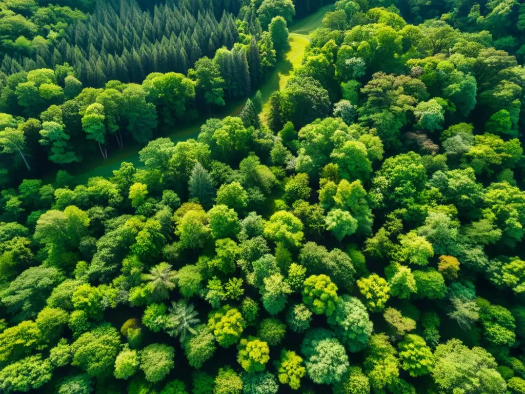 Imagen aérea de un exuberante bosque verde capturada con un drone, mostrando la biodiversidad y el ecosistema