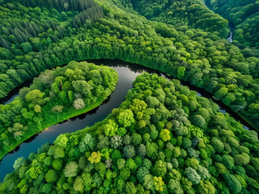 Imagen aérea de un exuberante bosque capturada por un dron, mostrando la diversa flora y fauna