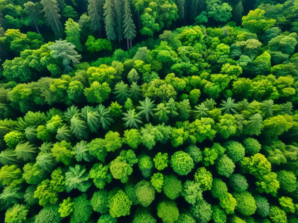 Imagen aérea de un exuberante y diverso dosel forestal, capturando la riqueza de la vegetación y la interconexión de la vida vegetal