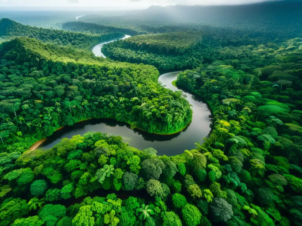 Imagen aérea de un exuberante y diverso bosque lluvioso, con río serpenteante y vida silvestre