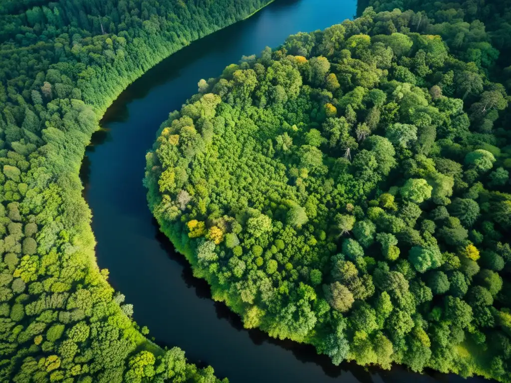 Imagen aérea de exuberante ecosistema natural resaltando la gestión sostenible y certificaciones de ecosistemas