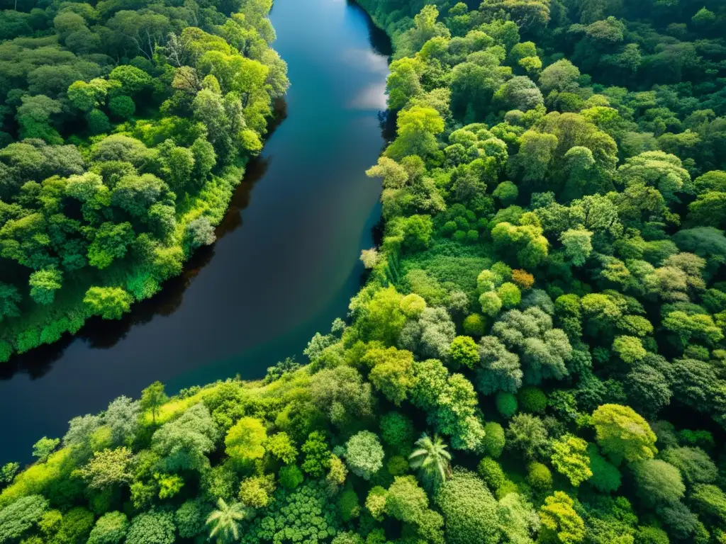 Imagen aérea de un exuberante ecosistema con diversa vegetación y un río serpenteante