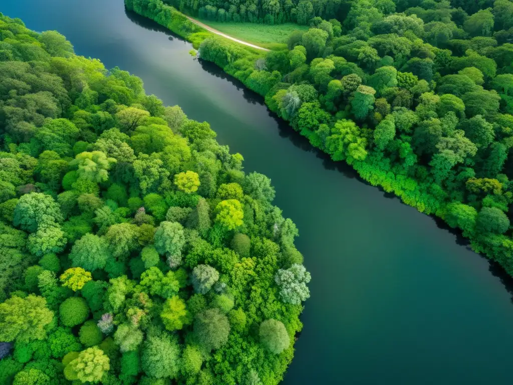 Imagen aérea de exuberante ecosistema con río, bosque, humedales y diversa fauna