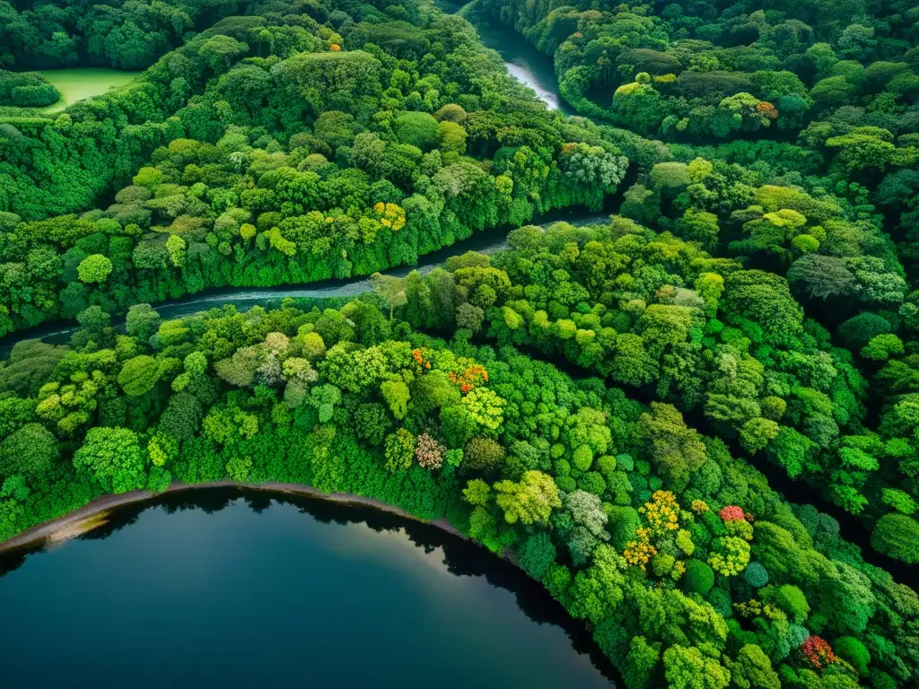 Imagen aérea de exuberante ecosistema en equilibrio, mostrando el impacto del consumo consciente en ecosistemas