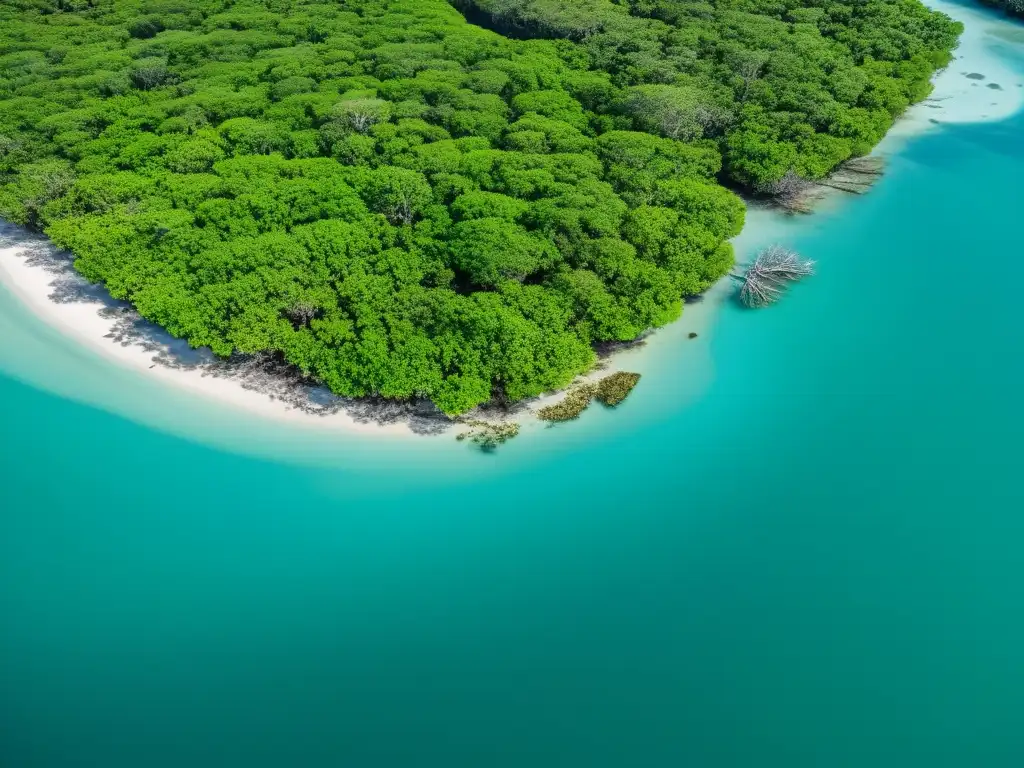 Imagen aérea de un exuberante manglar rodeado de aguas turquesas