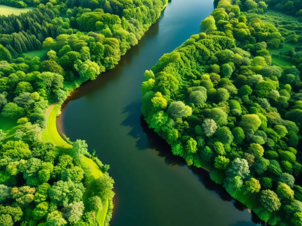 Imagen aérea de exuberante paisaje verde con río