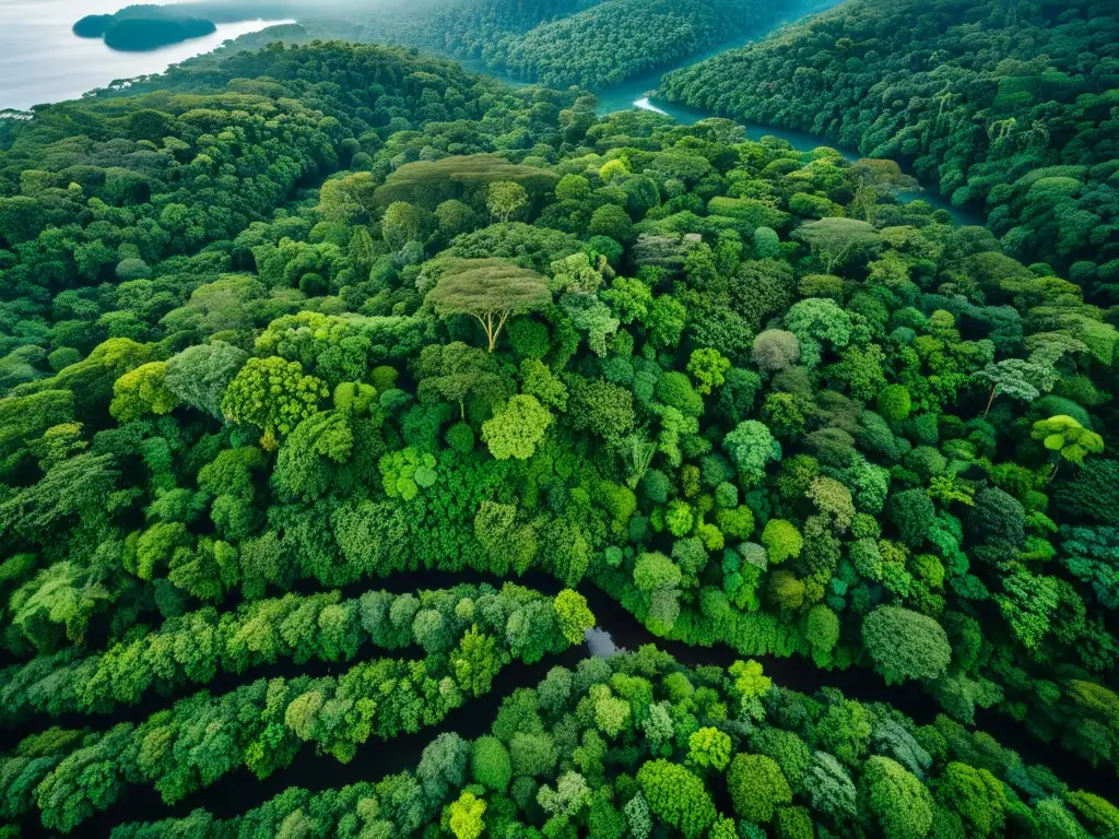 Imagen aérea de exuberante selva, con diversidad de vegetación y río serpenteante